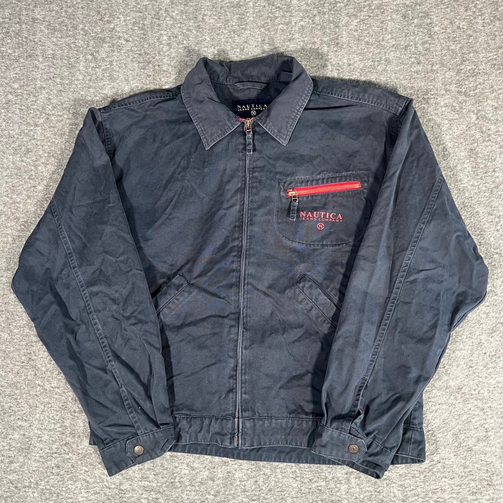 Nautica Jeans Company Mens Navy Blue Canvas Workwear Jacket Vintage Large